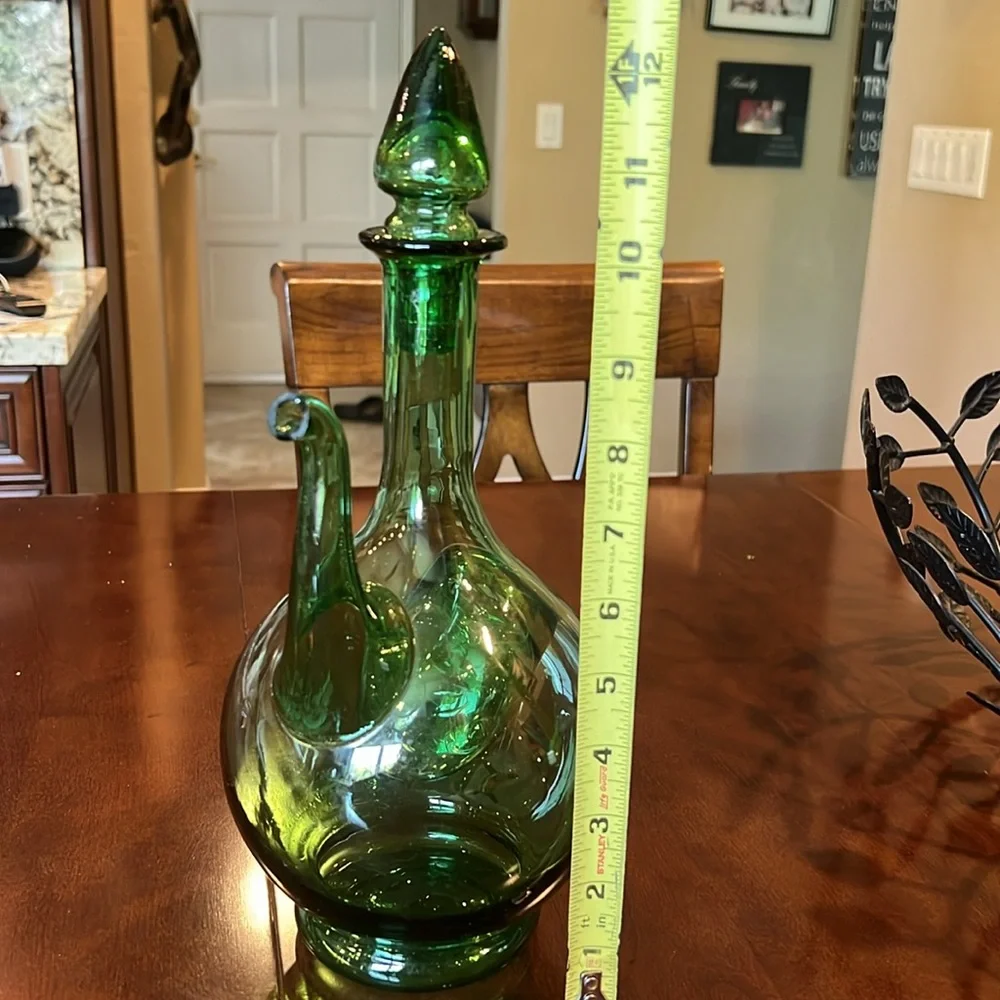 Vintage Italian Green Glass Wine Decanter Ice Chamber Chiller Stopper Hand Blown
